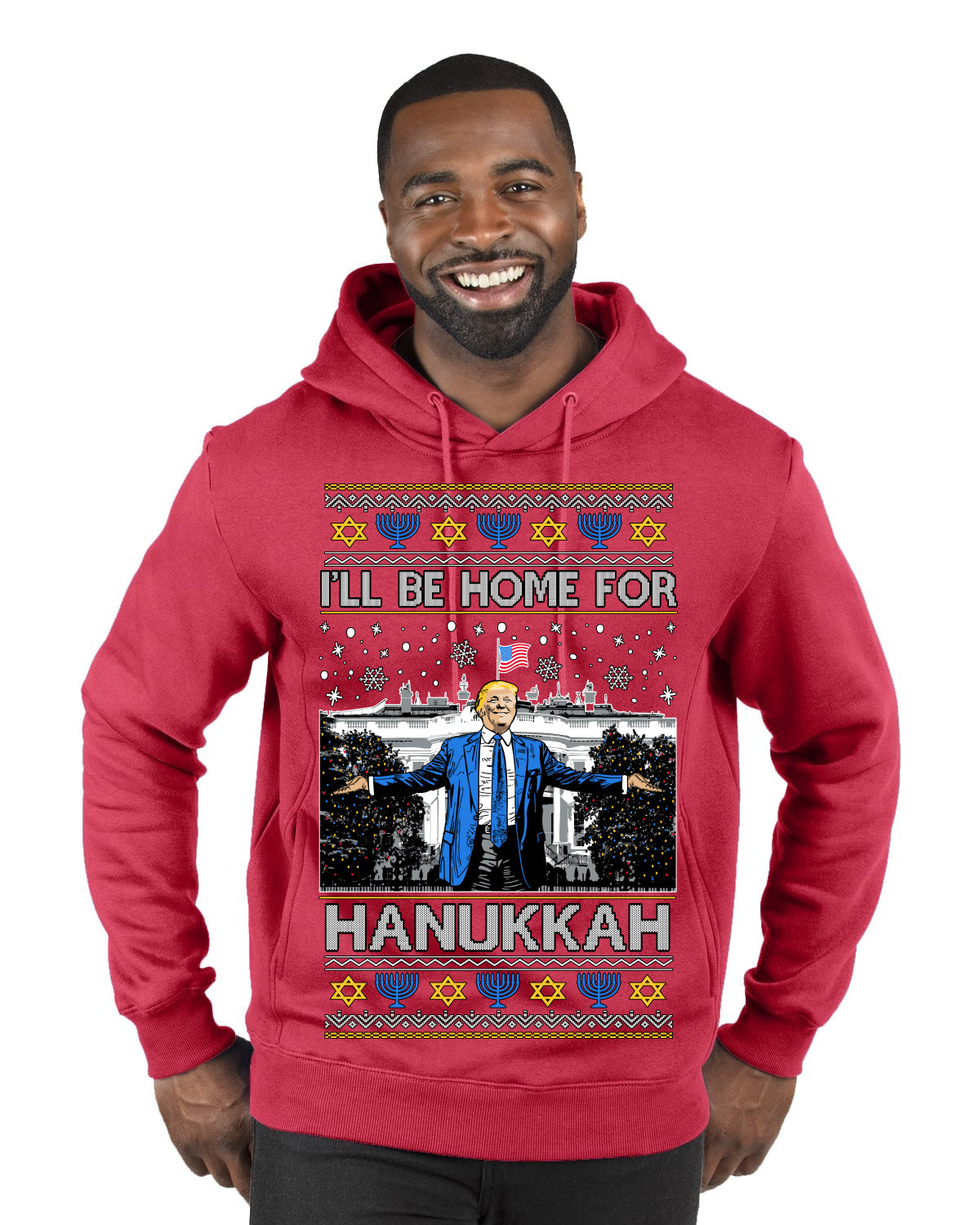 I'll Be Home for Hanukkah, Funny President Donald Trump JD Vance Winter Holiday Chanukah Hannukkah Channukah Ugly Christmas Sweater Premium Graphic Hoodie Sweatshirt