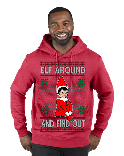 Elf Around and Find Out Funny Gift Toy on a Shelf, Classic Viral Winter Holidays Xmas Meme Ugly Christmas Sweater Premium Graphic Hoodie Sweatshirt