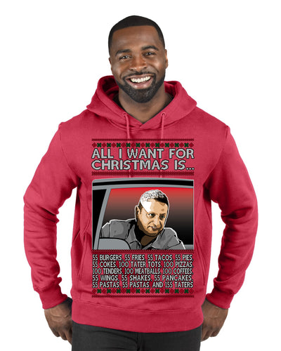 All I Want for Christmas Is 55 Burgers 55 Fries 55 Tacos 55 Pies, Funny Viral I Think Tim TV Show Gen Z Alpha Brainrot Meme Ugly Christmas Sweater Premium Graphic Hoodie Sweatshirt