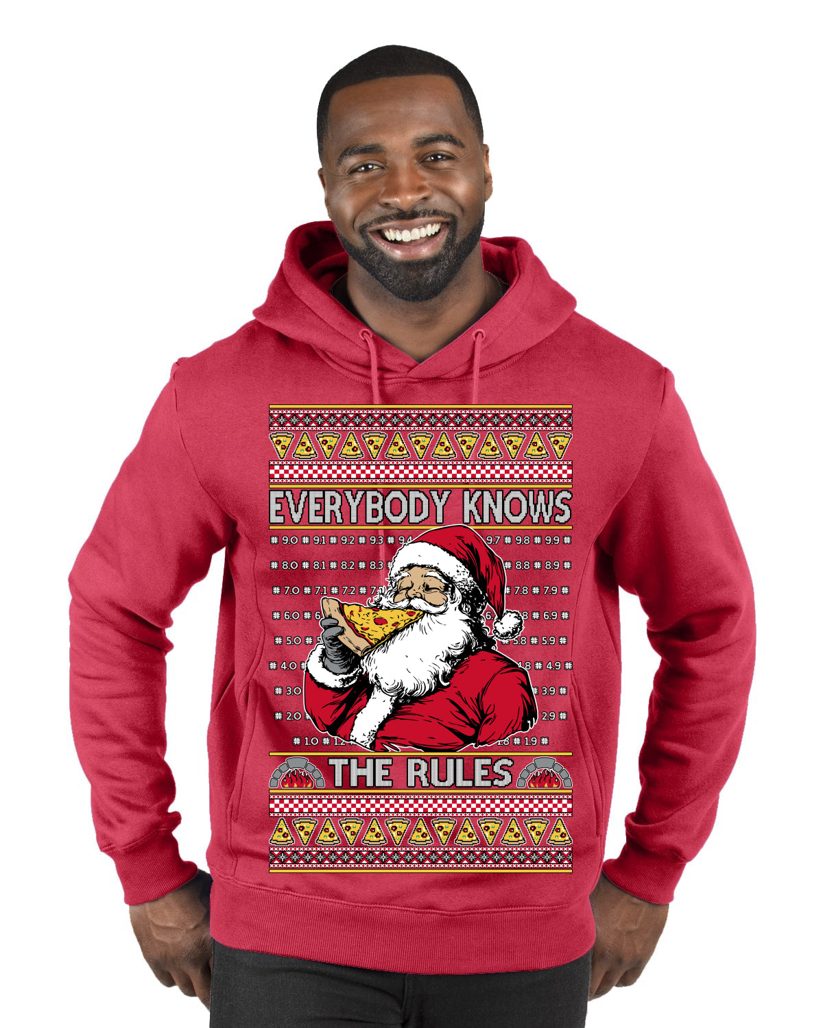Everybody Knows the Rules Funny Santa Claus Pizza Score Ugly Christmas Sweater Premium Graphic Hoodie Sweatshirt