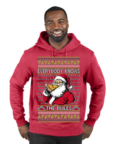 Everybody Knows the Rules Funny Santa Claus Pizza Score Ugly Christmas Sweater Premium Graphic Hoodie Sweatshirt