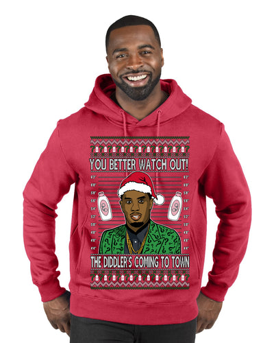 You Better Watch Out, the Diddler's Coming to Town, Funny Santa P Diddy Diddler Funny Party Viral Music Baby Oil Meme Ugly Christmas Sweater Premium Graphic Hoodie Sweatshirt