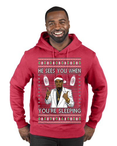 He Sees You When You're Sleeping, Funny Santa P Diddy Diddler Funny Party Viral Music Baby Oil Meme Ugly Christmas Sweater Premium Graphic Hoodie Sweatshirt