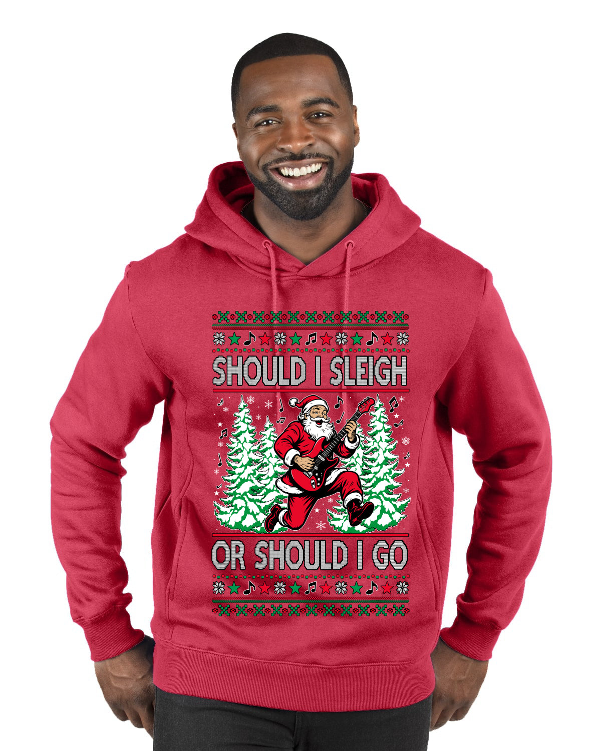 Should I Sleigh Or Should I Go, 80s Rock n' Roll Song, Electric Guitar, Ugly Christmas Sweater Premium Graphic Hoodie Sweatshirt