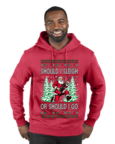 Should I Sleigh Or Should I Go, 80s Rock n' Roll Song, Electric Guitar, Ugly Christmas Sweater Premium Graphic Hoodie Sweatshirt