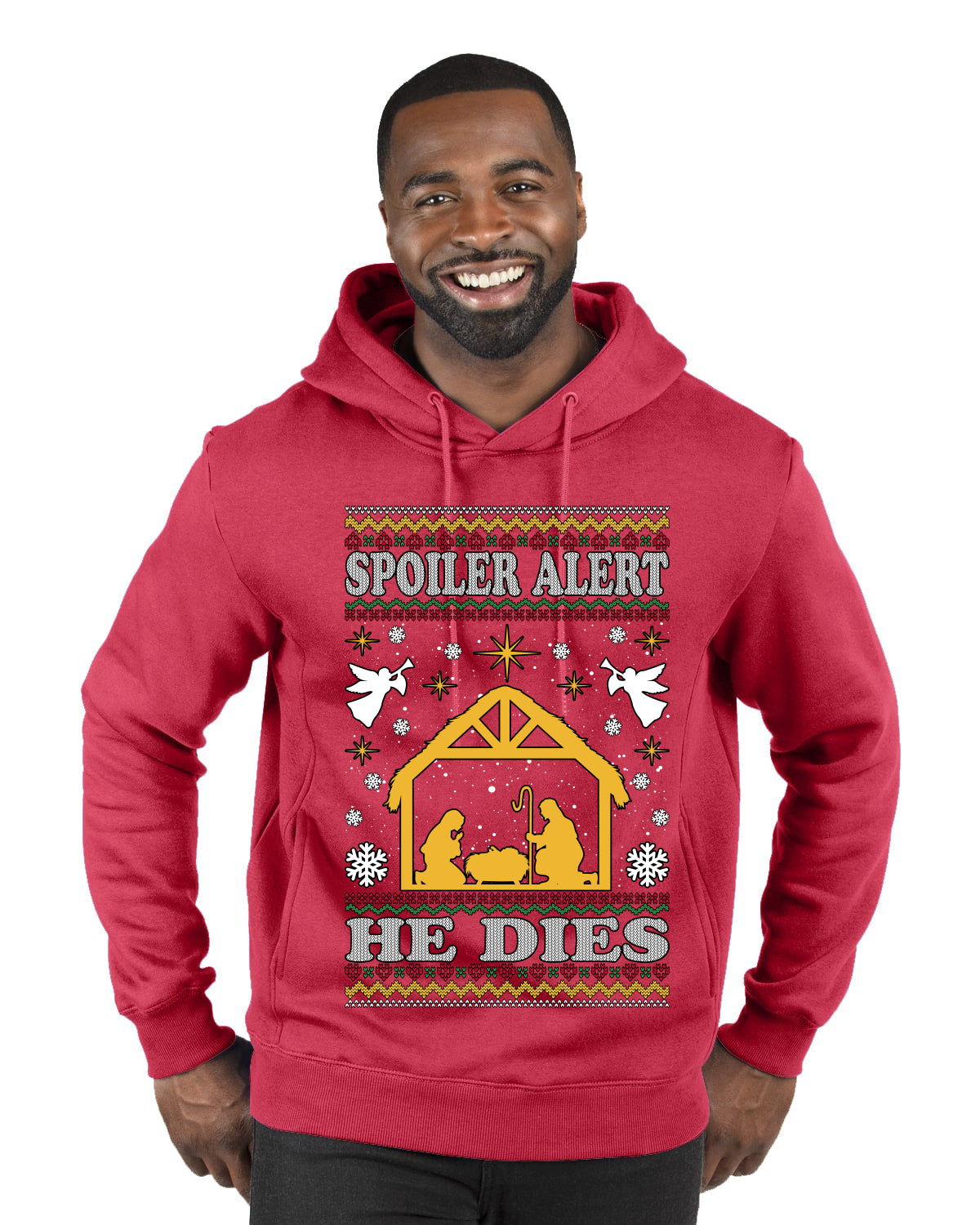 Spoiler Alert He Dies Nativity Scene, Ugly Christmas Sweater Unisex Premium Graphic Hoodie Sweatshirt