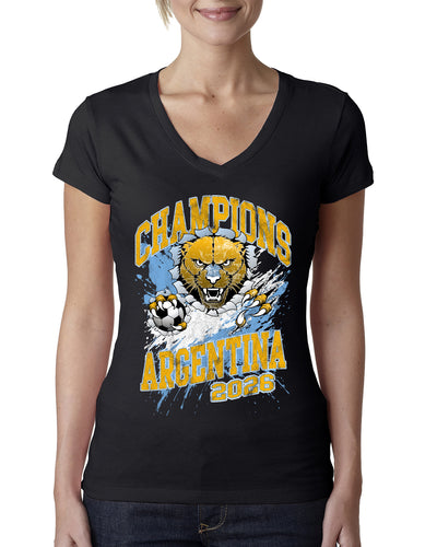 Argentina Soccer Champions Fan Shirt Big Cat and Soccer Ball  Game Day Gift Sports Womens  V-Neck Tee  Sports Womens Junior Fit V-Neck Tee