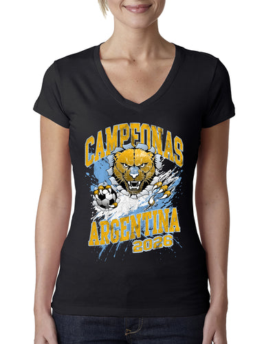 Argentina Soccer Campeonas Fan Shirt Big Cat and Soccer Ball  Game Day Gift Sports Womens  V-Neck Tee  Sports Womens Junior Fit V-Neck Tee