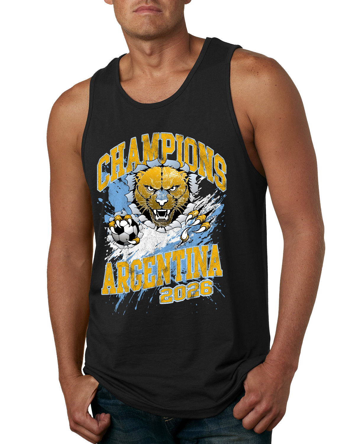 Argentina Soccer Champions Fan Shirt Big Cat and Soccer Ball  Game Day Gift Sports Tank Top  Sports Mens Tank Top
