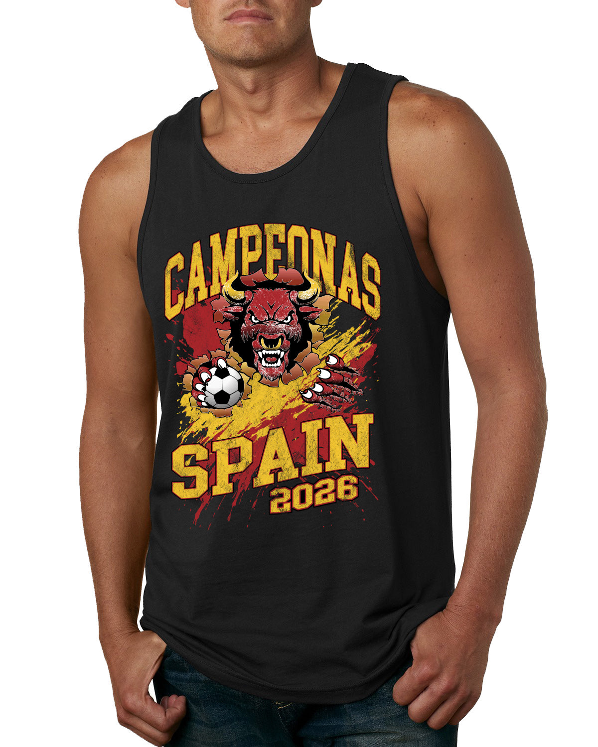 Spain Soccer Campeonas Fan Shirt Fierce Bull and Soccer Ball Spanish Game Day Gift Sports Tank Top  Sports Mens Tank Top