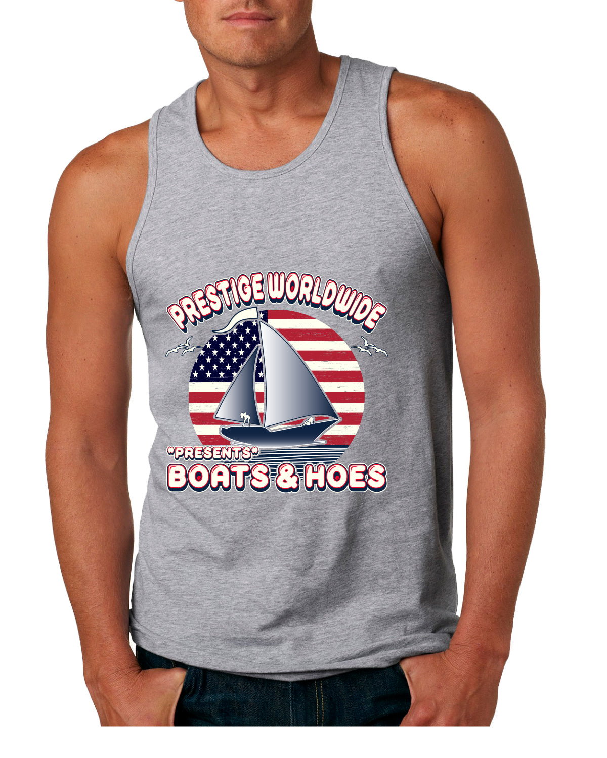 Vintage Retro USA Prestige Worldwide Funny Boats and Hoes Pop Culture Mens Tank Top