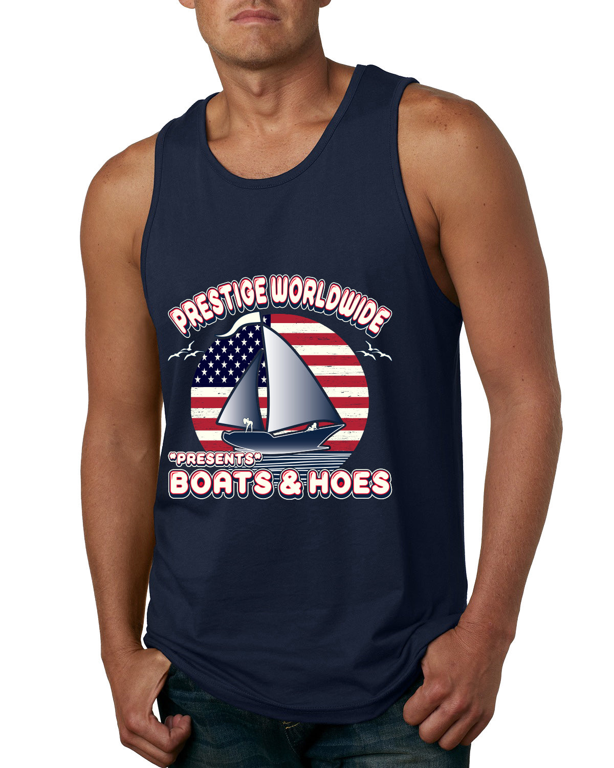 Vintage Retro USA Prestige Worldwide Funny Boats and Hoes Pop Culture Mens Tank Top