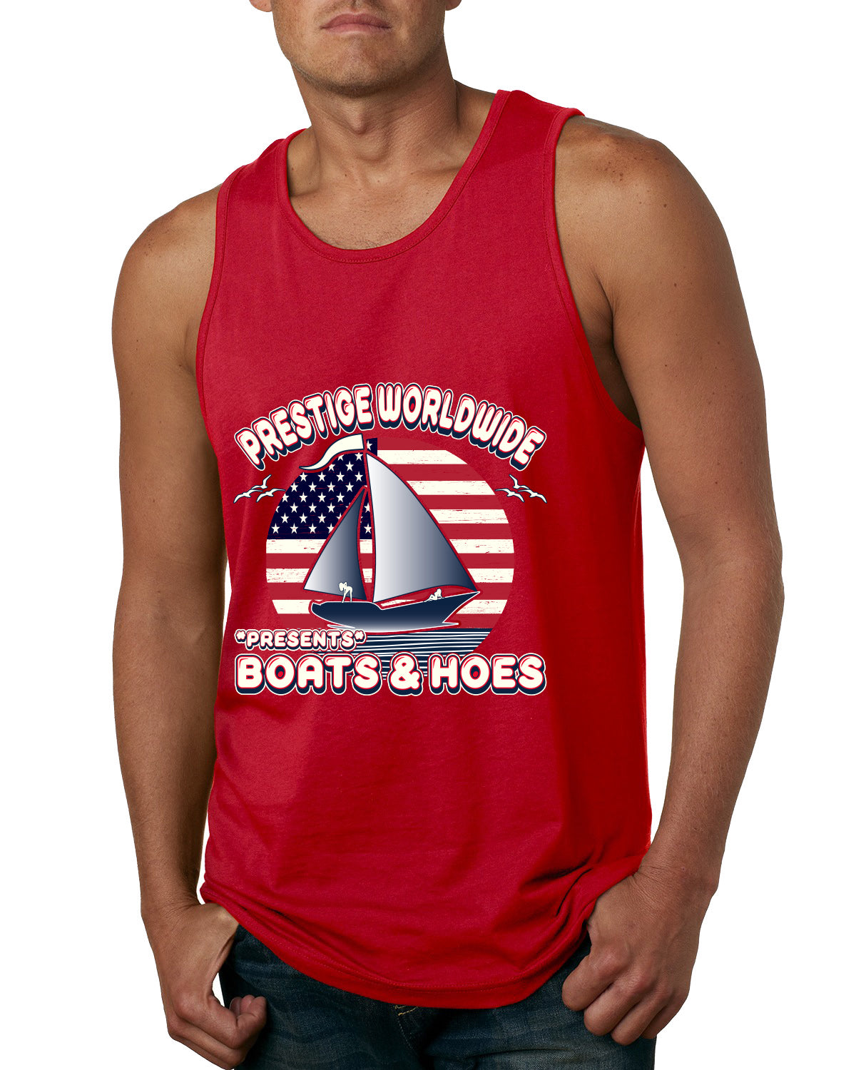 Vintage Retro USA Prestige Worldwide Funny Boats and Hoes Pop Culture Mens Tank Top