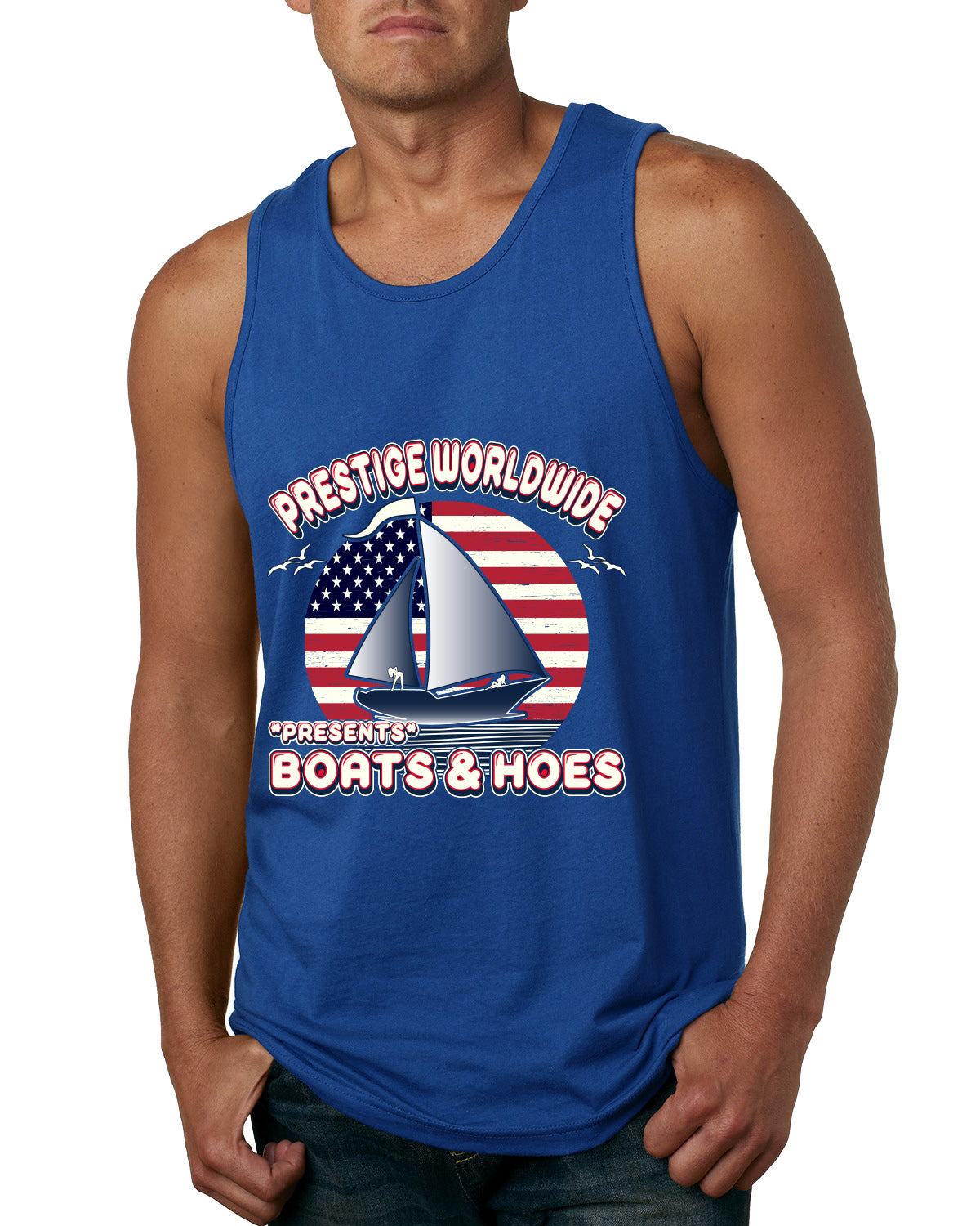 Vintage Retro USA Prestige Worldwide Funny Boats and Hoes Pop Culture Mens Tank Top