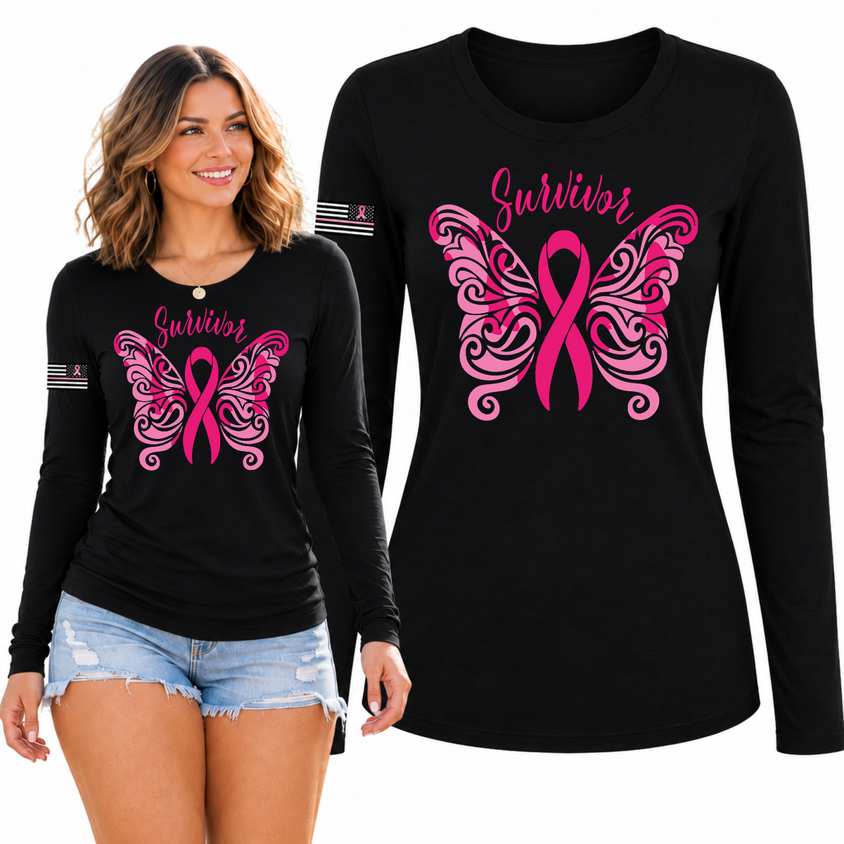 Breast Cancer Awareness USA Flag Sleeve Womens Graphic Long Sleeve T-Shirt