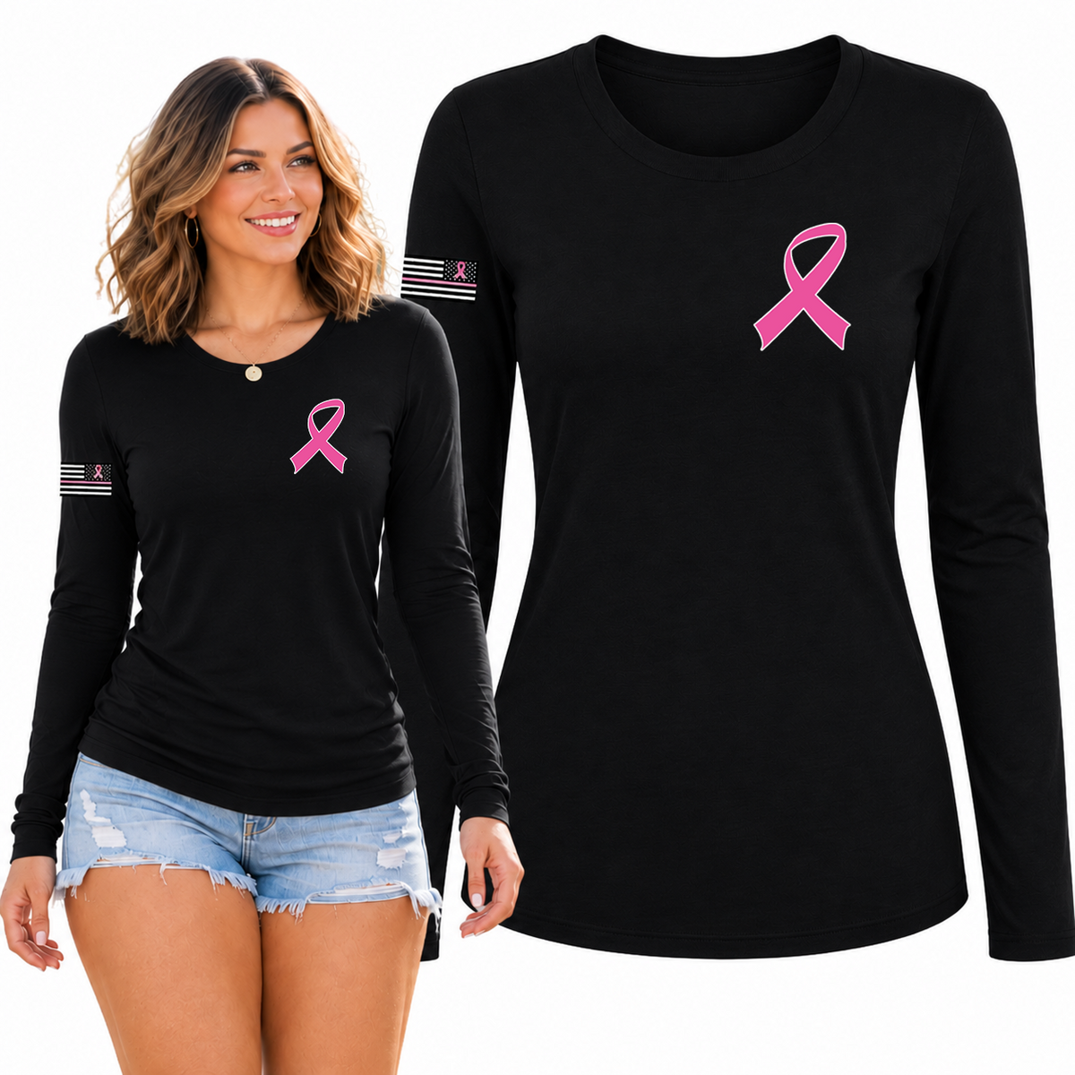 Breast Cancer Awareness USA Flag Sleeve Womens Graphic Long Sleeve T-Shirt