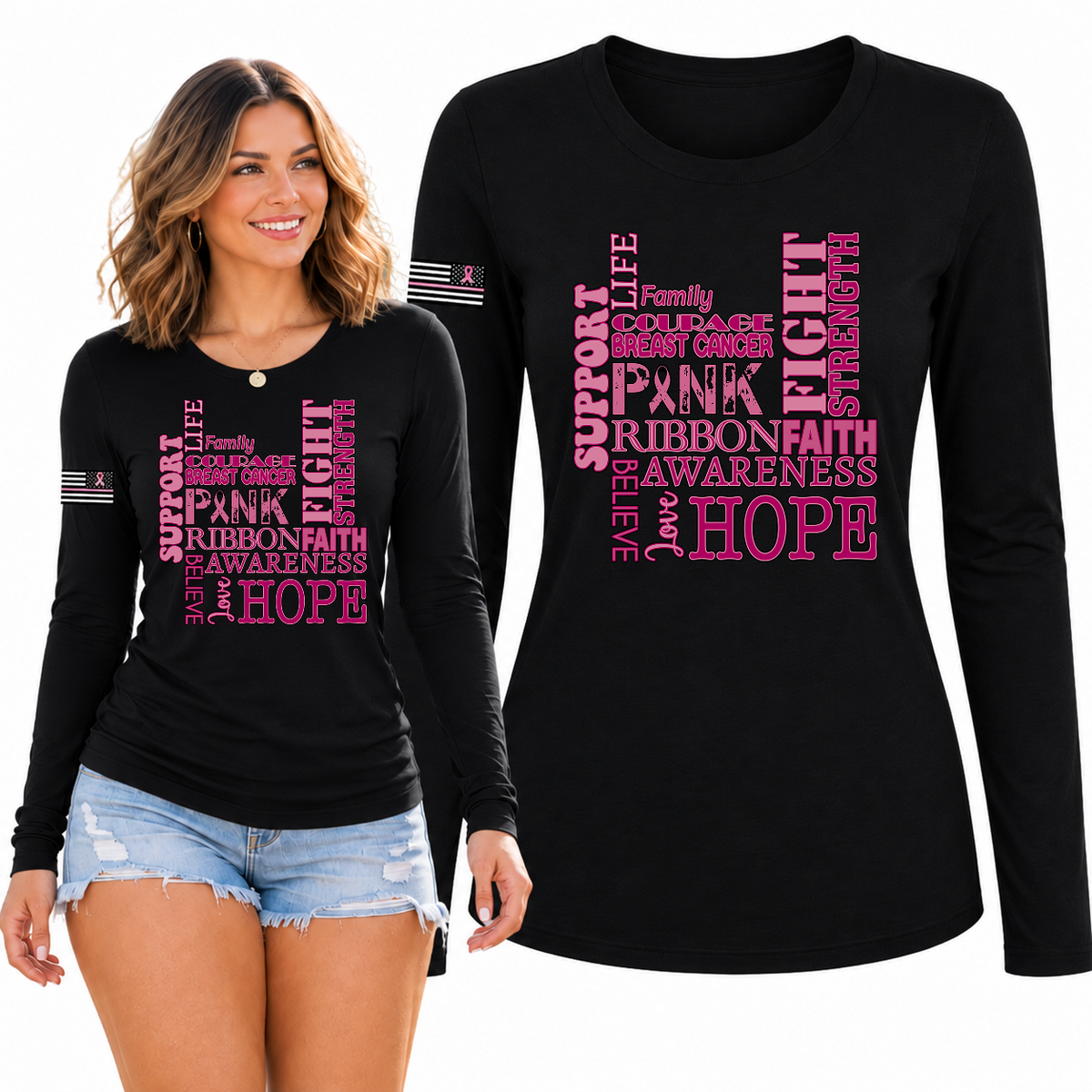 Breast Cancer Awareness USA Flag Sleeve Womens Graphic Long Sleeve T-Shirt