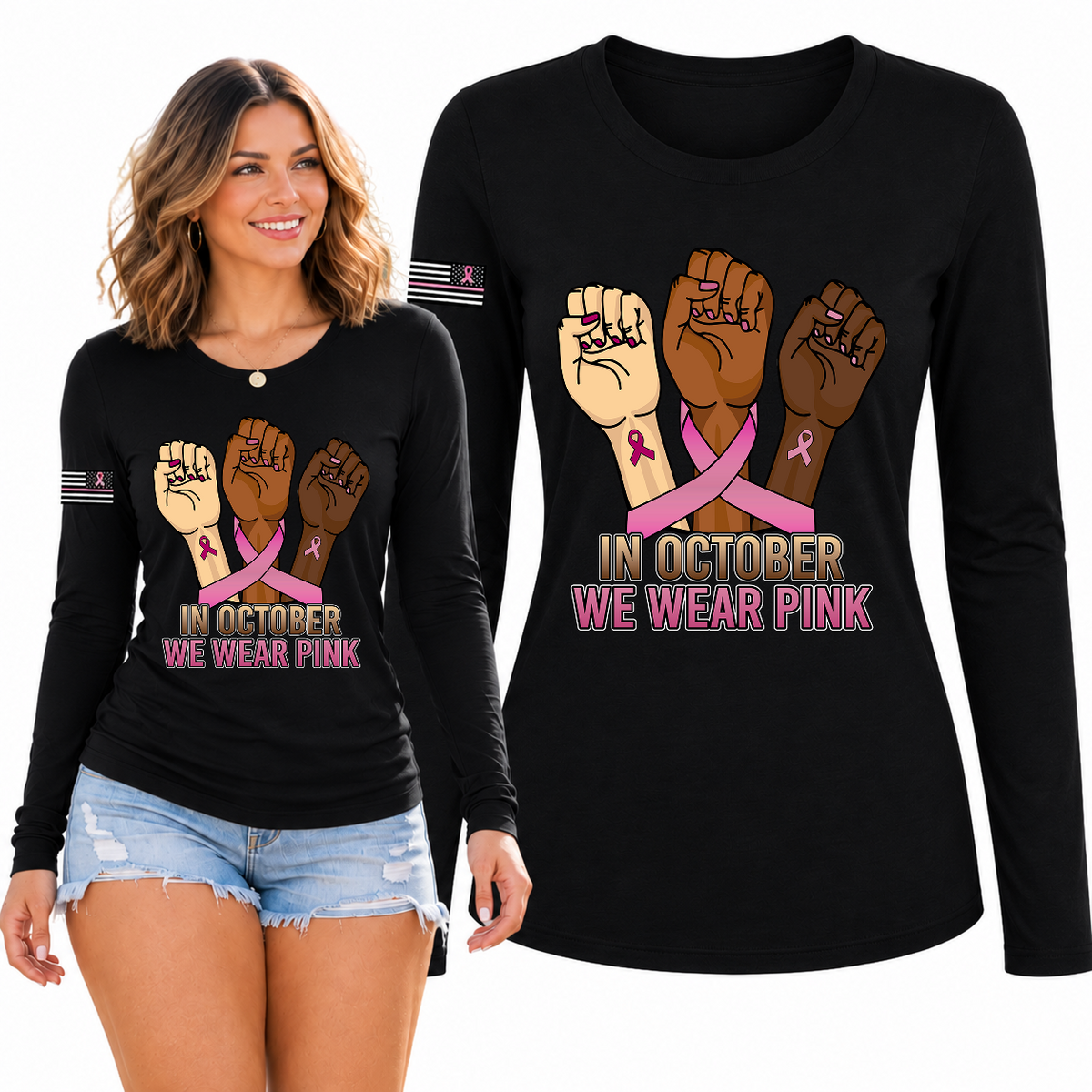 Breast Cancer Awareness USA Flag Sleeve Womens Graphic Long Sleeve T-Shirt