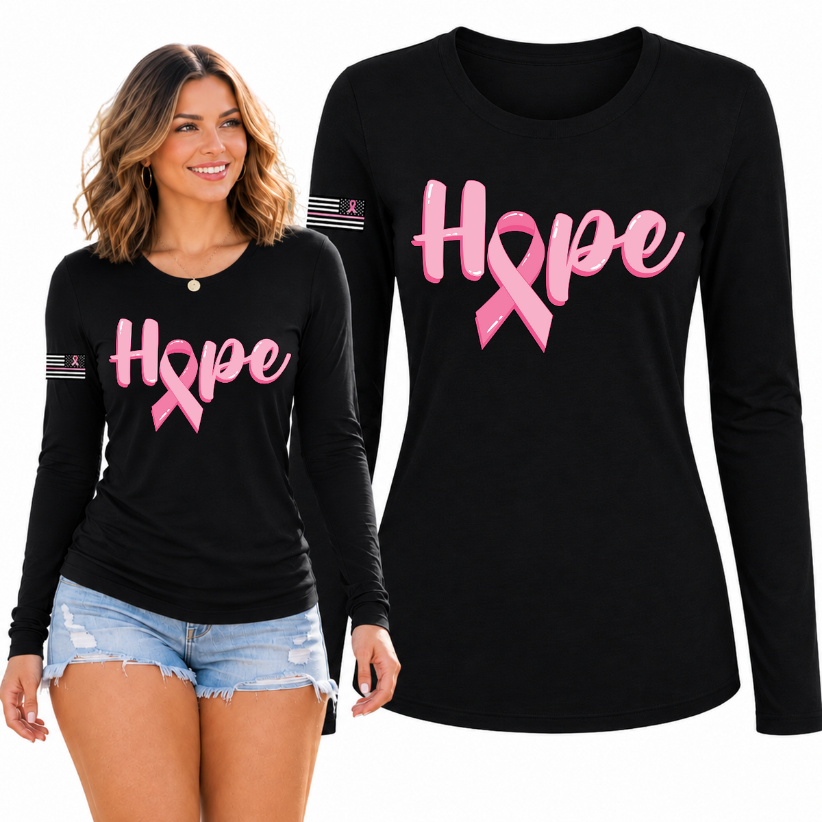 Breast Cancer Awareness USA Flag Sleeve Womens Graphic Long Sleeve T-Shirt