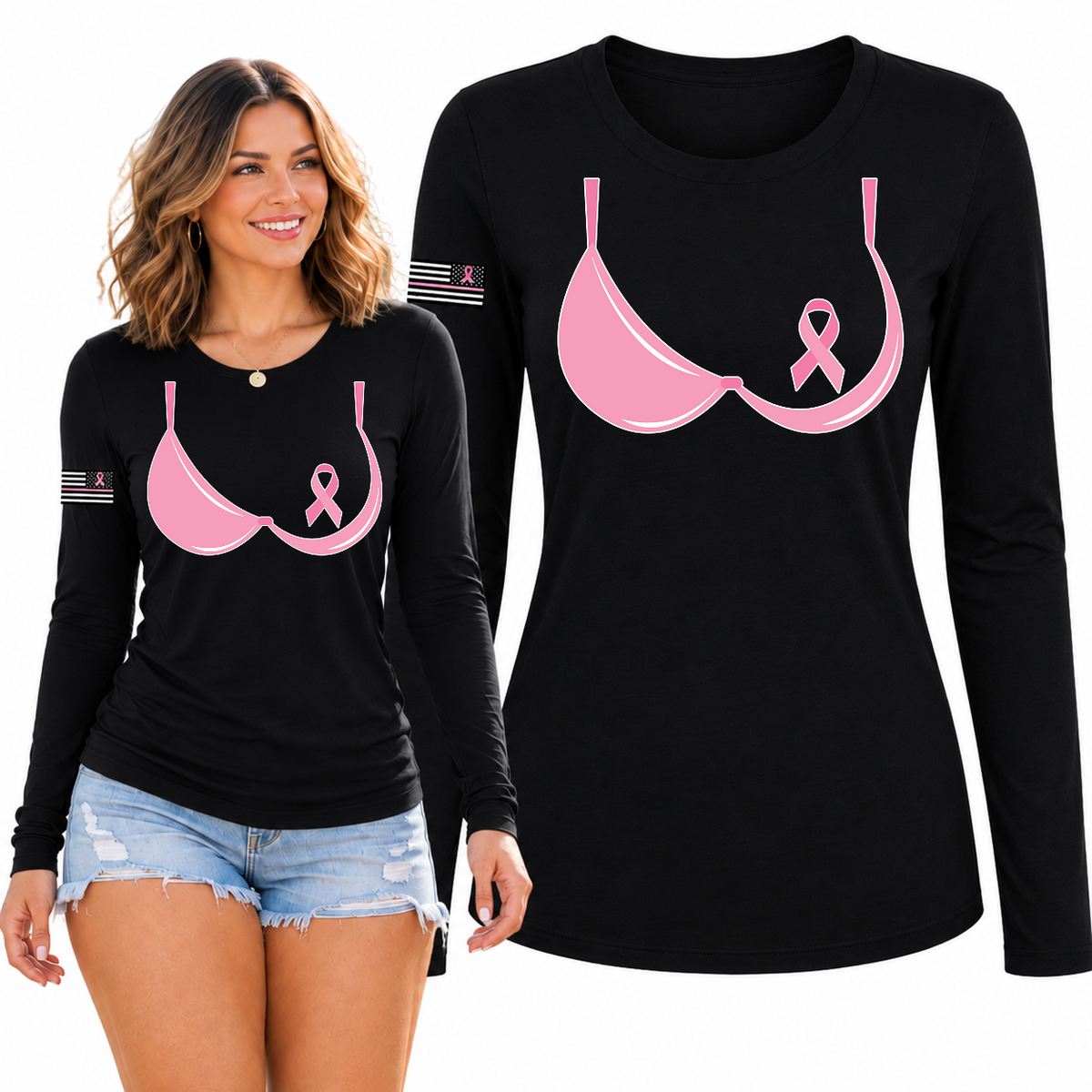 Breast Cancer Awareness USA Flag Sleeve Womens Graphic Long Sleeve T-Shirt