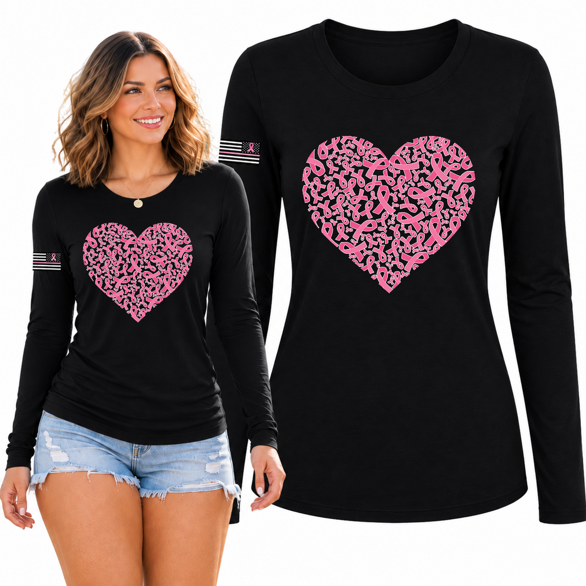 Breast Cancer Awareness USA Flag Sleeve Womens Graphic Long Sleeve T-Shirt