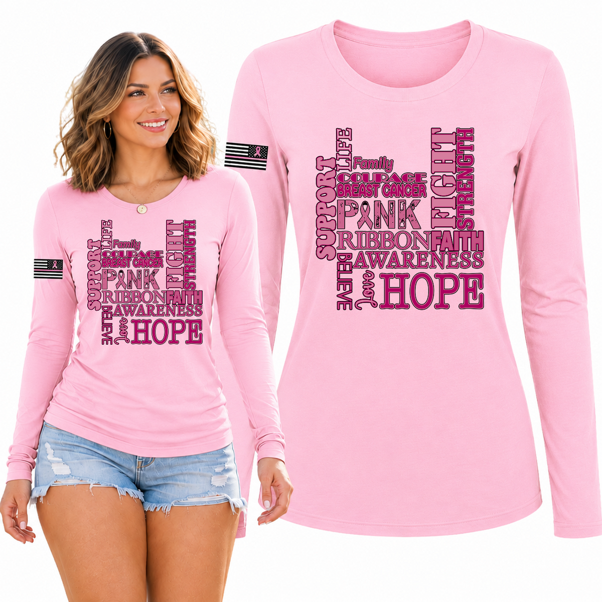 Breast Cancer Awareness USA Flag Sleeve Womens Graphic Long Sleeve T-Shirt