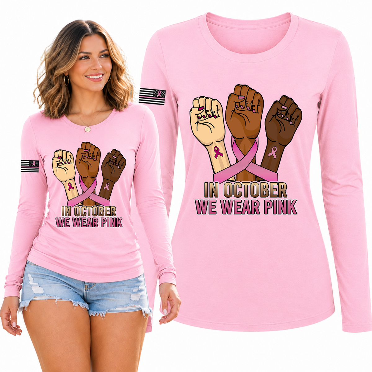 Breast Cancer Awareness USA Flag Sleeve Womens Graphic Long Sleeve T-Shirt