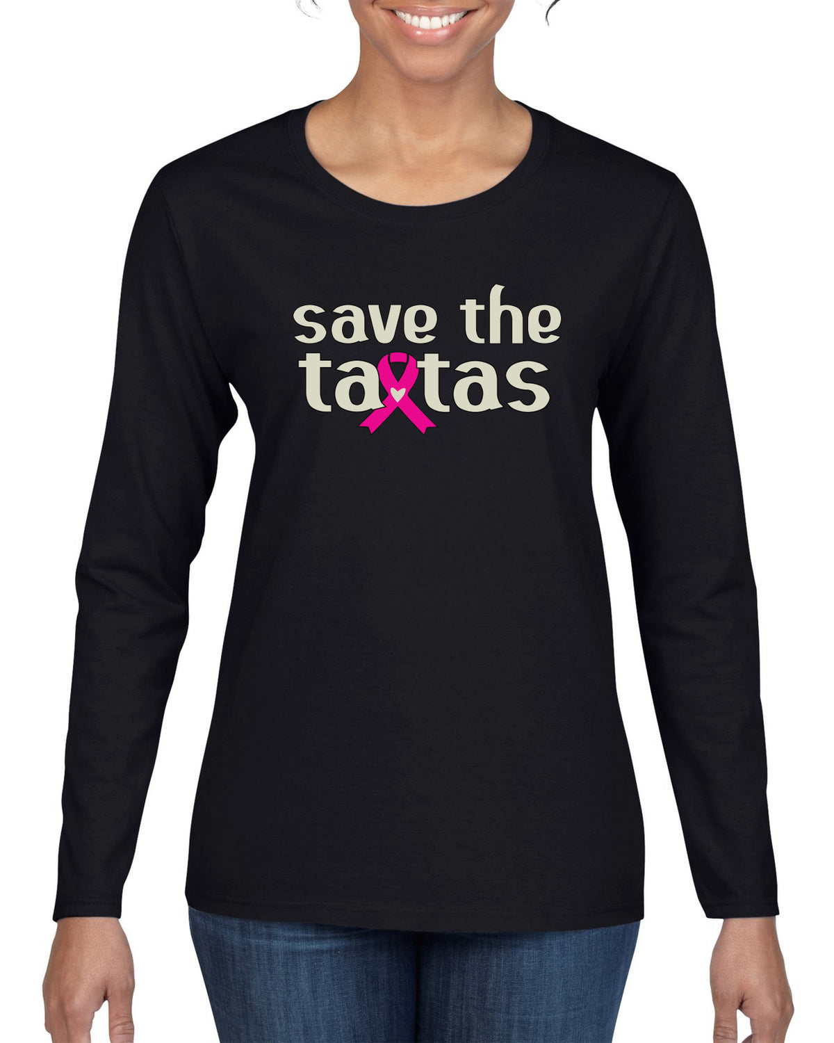 Breast Cancer Awareness USA Flag Sleeve Womens Graphic Long Sleeve T-Shirt