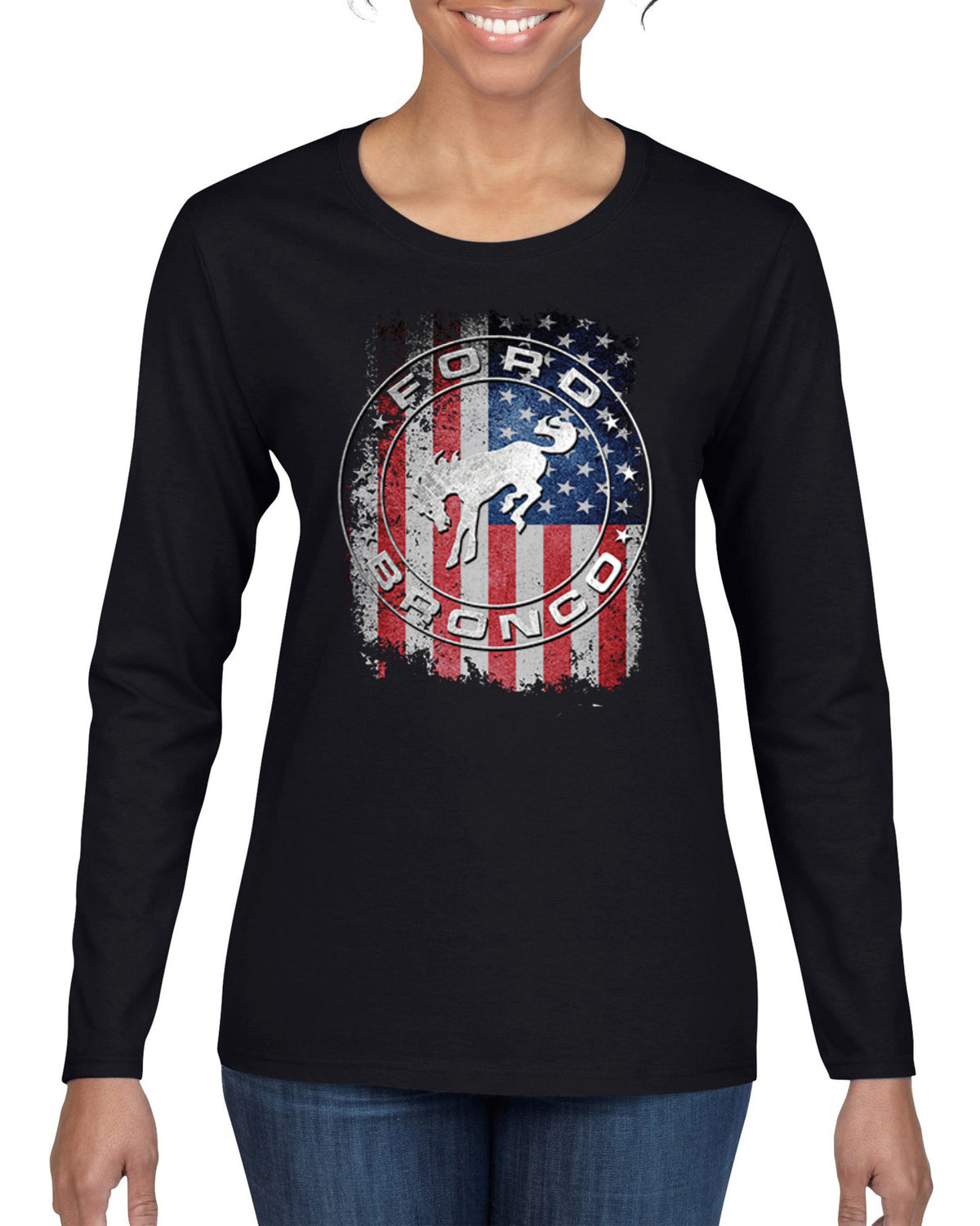US Flag Ford Bronco Cars and Trucks Womens Graphic Long Sleeve T-Shirt