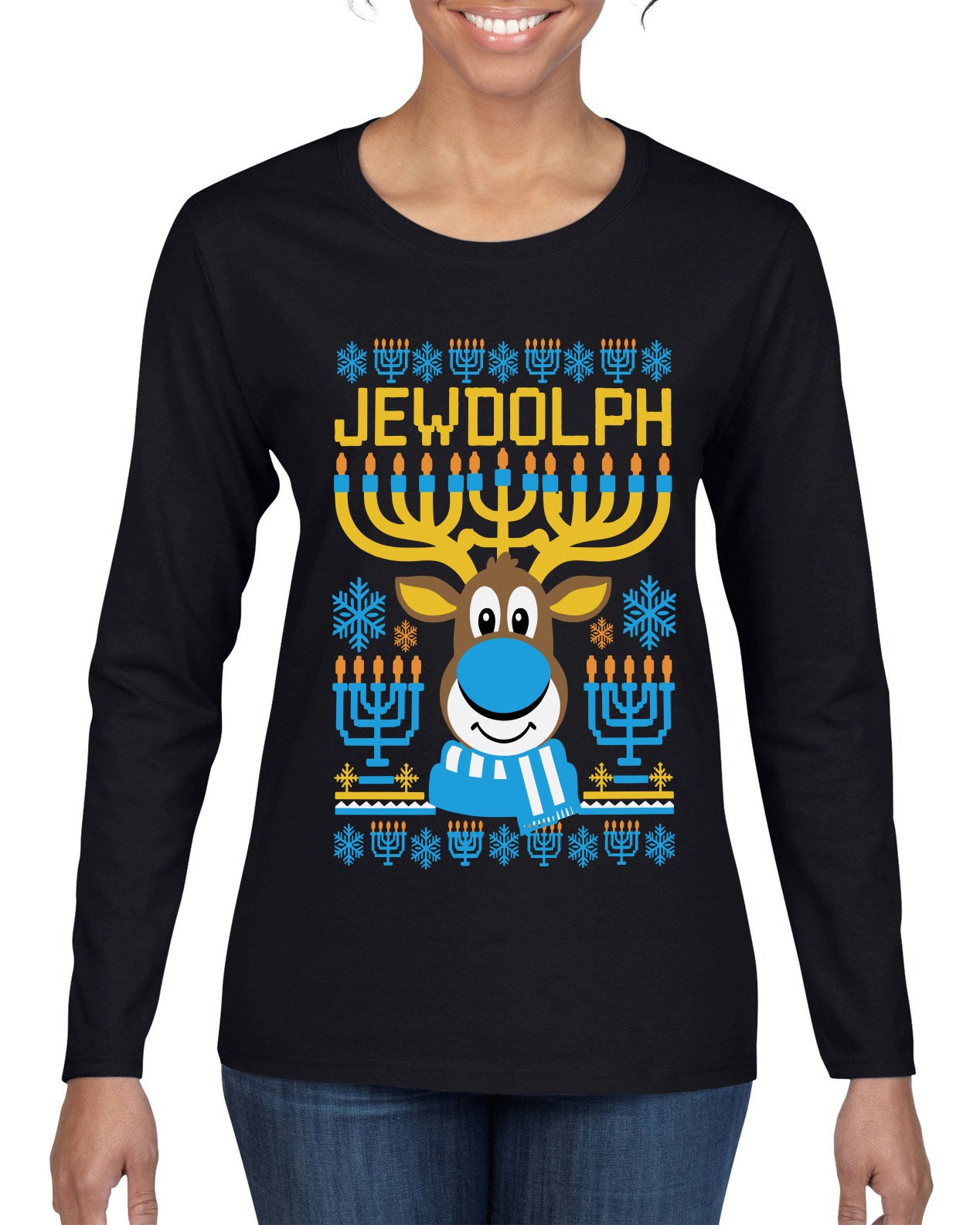 Jewdolph, Jewish Reindeer, Ugly Christmas Sweater Womens Graphic Long Sleeve T-Shirt