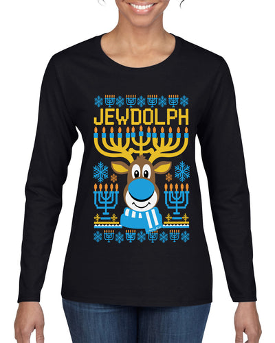 Jewdolph, Jewish Reindeer, Ugly Christmas Sweater Womens Graphic Long Sleeve T-Shirt