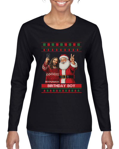 Birthday Boy Jesus, Ugly Christmas Sweater Womens Graphic Long Sleeve T-Shirt