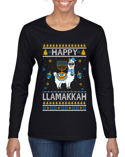 Happy Llamakkah, Ugly Christmas Sweater Womens Graphic Long Sleeve T Shirt