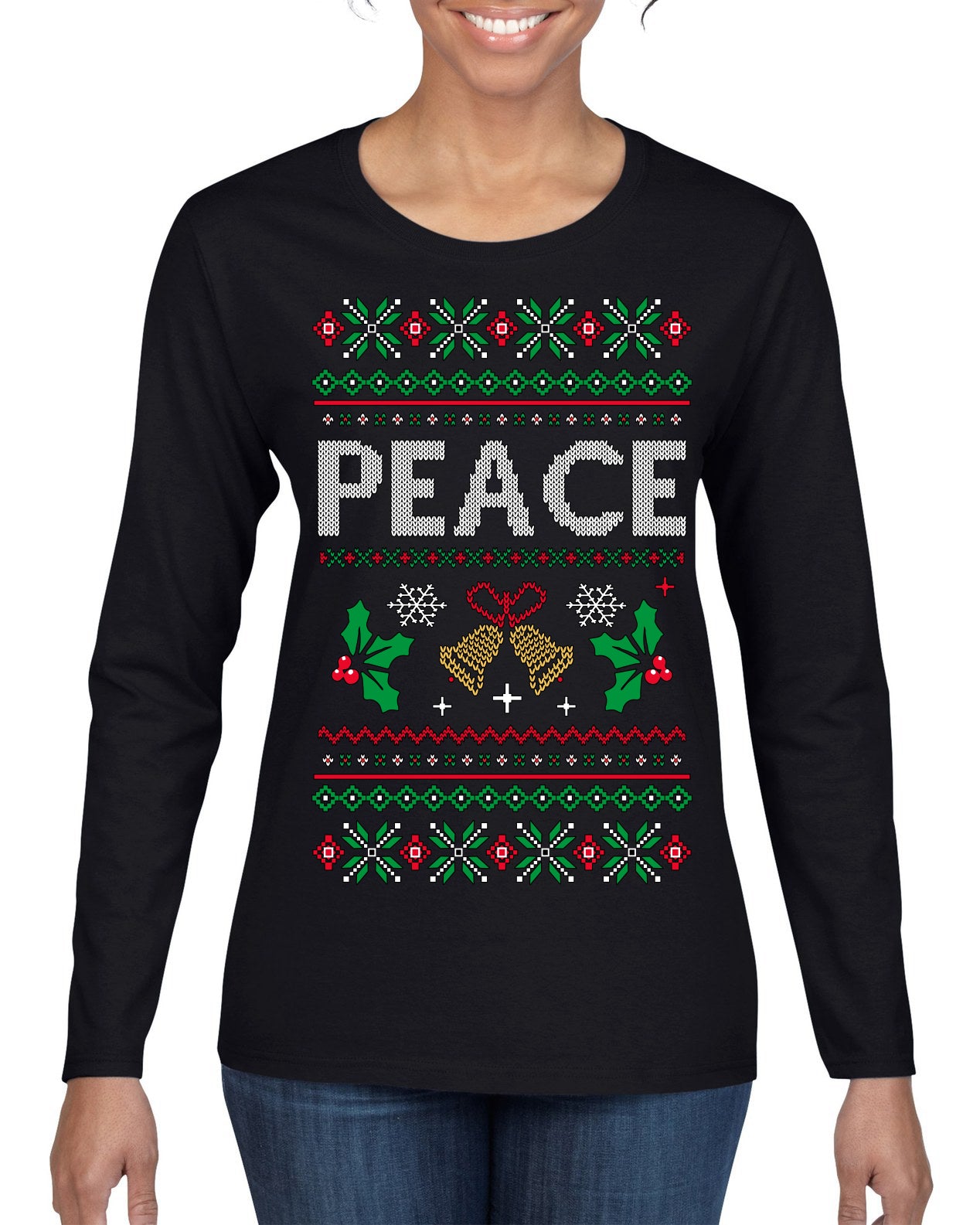 Peace Ugly Christmas Sweater Womens Graphic Long Sleeve T-Shirt