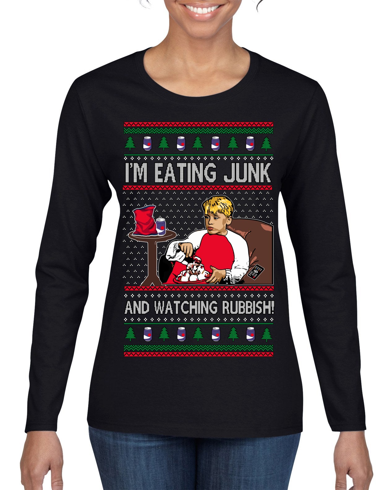 I'm Eating Junk and Watching Rubbish 90s Movie Ice Cream Ugly Christmas Sweater Womens Graphic Long Sleeve T-Shirt