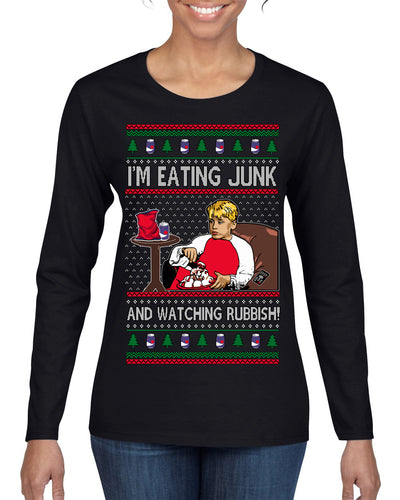 I'm Eating Junk and Watching Rubbish 90s Movie Ice Cream Ugly Christmas Sweater Womens Graphic Long Sleeve T-Shirt