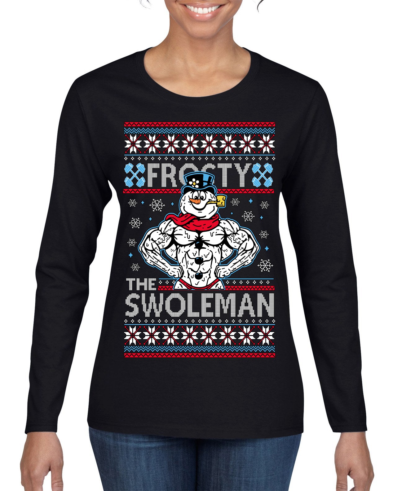 Frosty the Swoleman Funny Workout Lifting Snowman MovieUgly Christmas Sweater Womens Graphic Long Sleeve T-Shirt