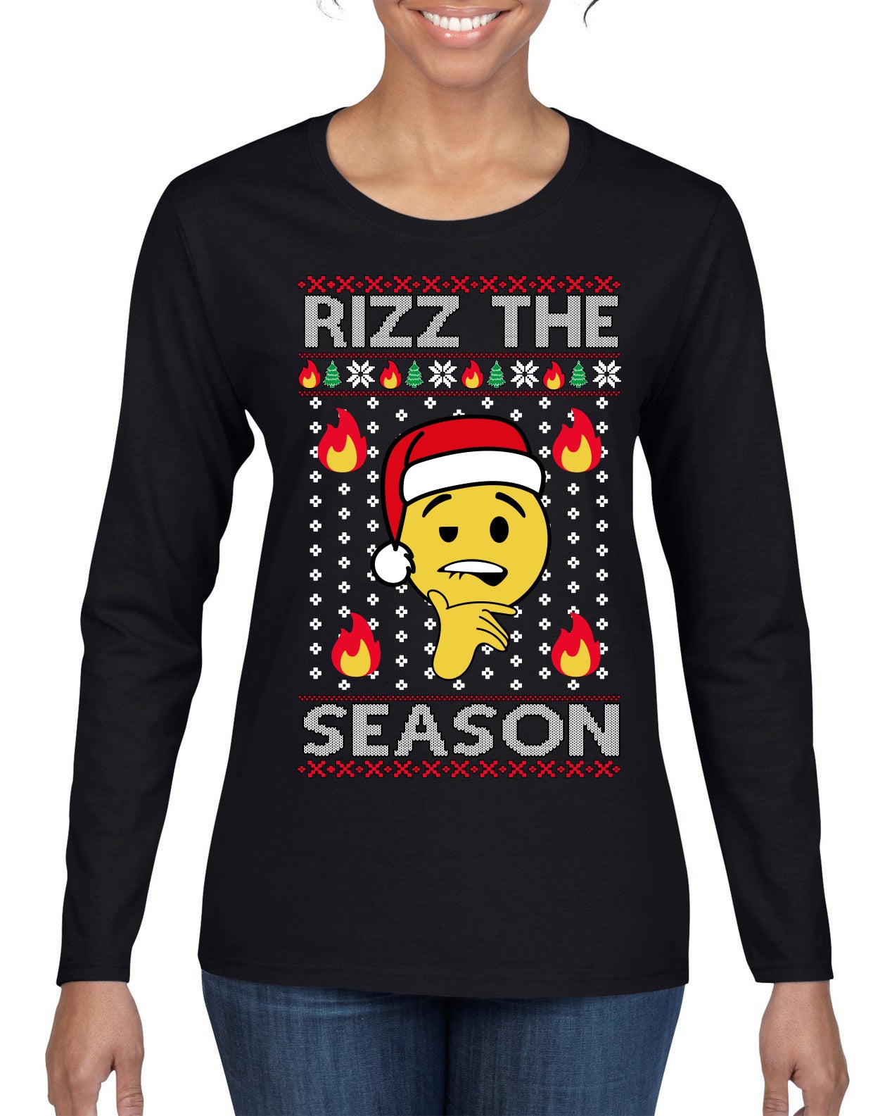 Rizz the Season Viral Internet Fire Emoji Face Meme Ugly Christmas Sweater Womens Graphic Long Sleeve T-Shirt