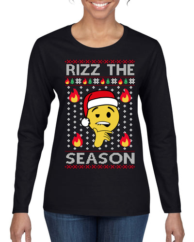 Rizz the Season Viral Internet Fire Emoji Face Meme Ugly Christmas Sweater Womens Graphic Long Sleeve T-Shirt