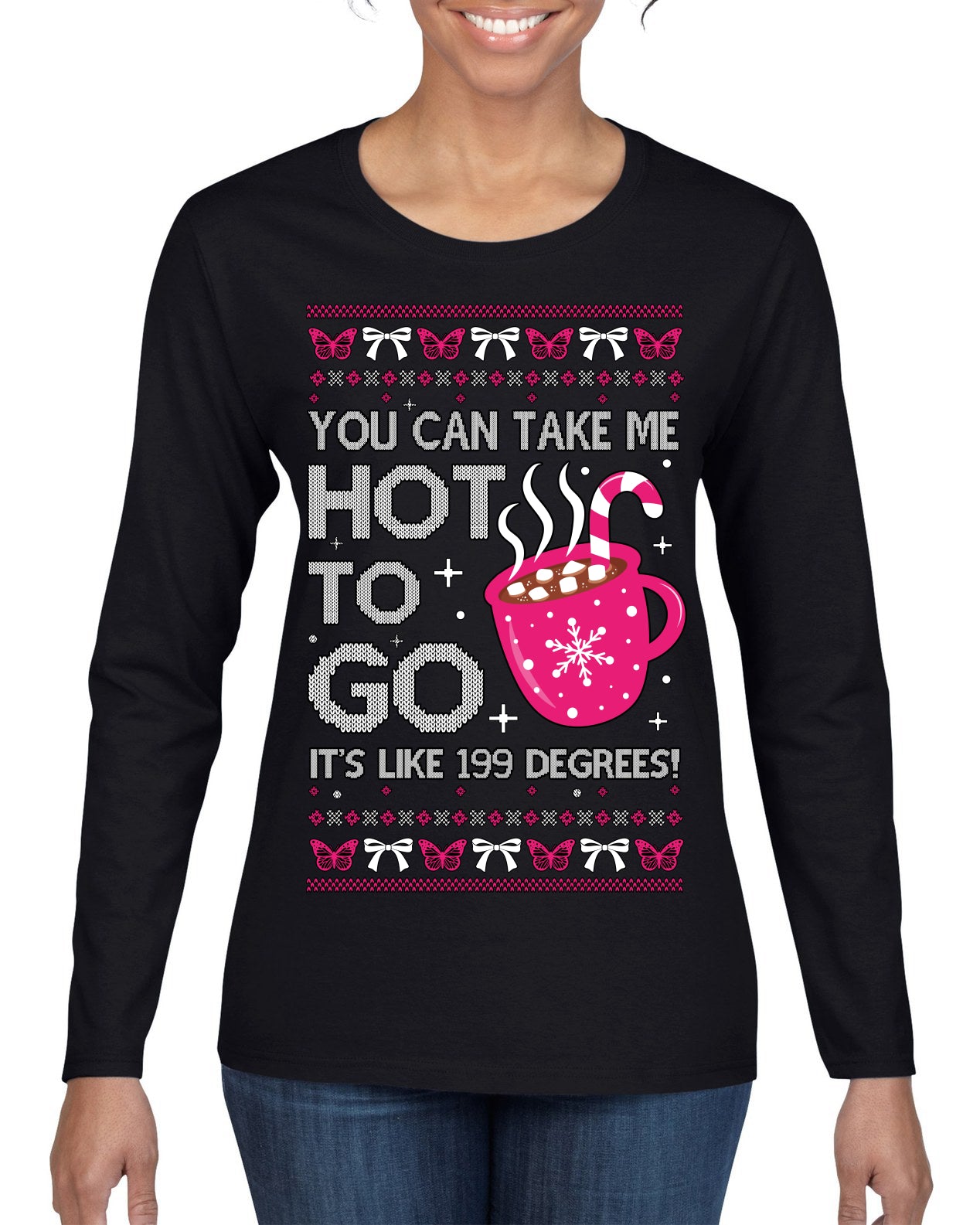 You Can Take Me Hot to Go, Hot Cocoa Viral Song Pop Music Ugly Christmas Sweater Womens Graphic Long Sleeve T-Shirt