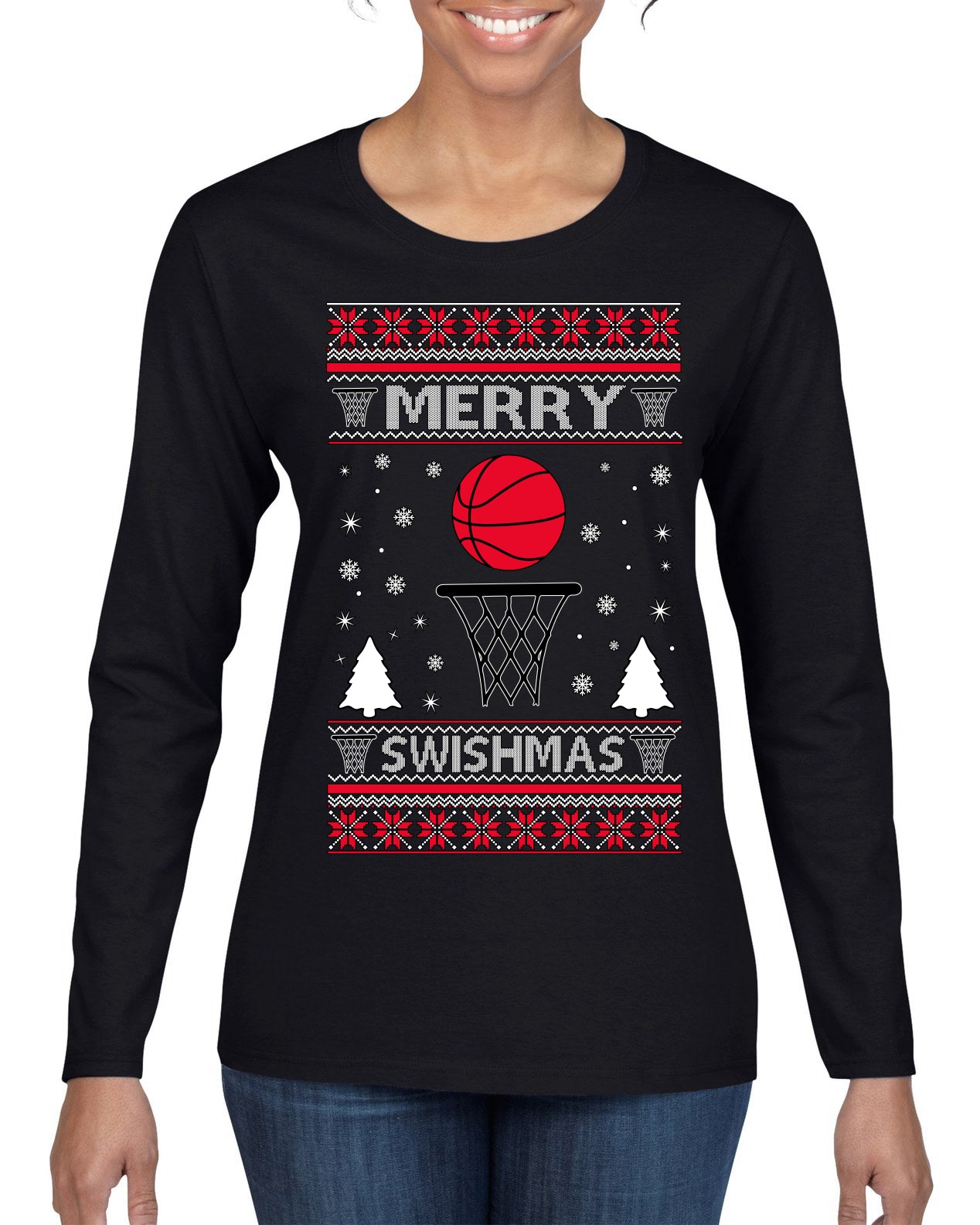 Merry Swishmas Basketball Sports Ugly Christmas Sweater Womens Graphic Long Sleeve T-Shirt