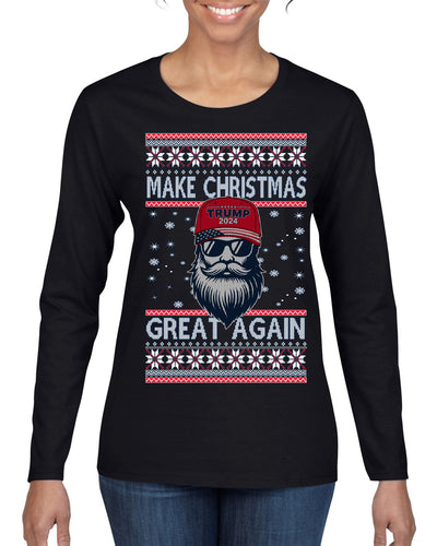 Make Christmas Great Again Trump Santa Claus 2024 MAGA,  Donald Trump JD Vance GOP Republican Ugly Christmas Sweater Womens Graphic Long Sleeve T-Shirt
