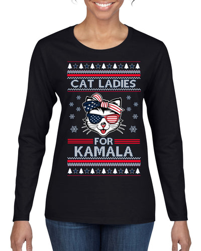 Cat Ladies for Kamala USA Glasses, Harris Tim Walz 2024 Cute USA Glasses Bow Ugly Christmas Sweater Womens Graphic Long Sleeve T-Shirt