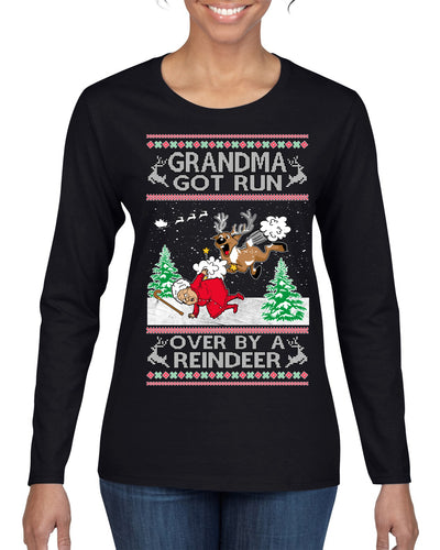 Grandma Got Run Over by a Reindeer, Funny Animated Design Rein Deer Kids TV Song Movie Ugly Christmas Sweater Womens Graphic Long Sleeve T-Shirt