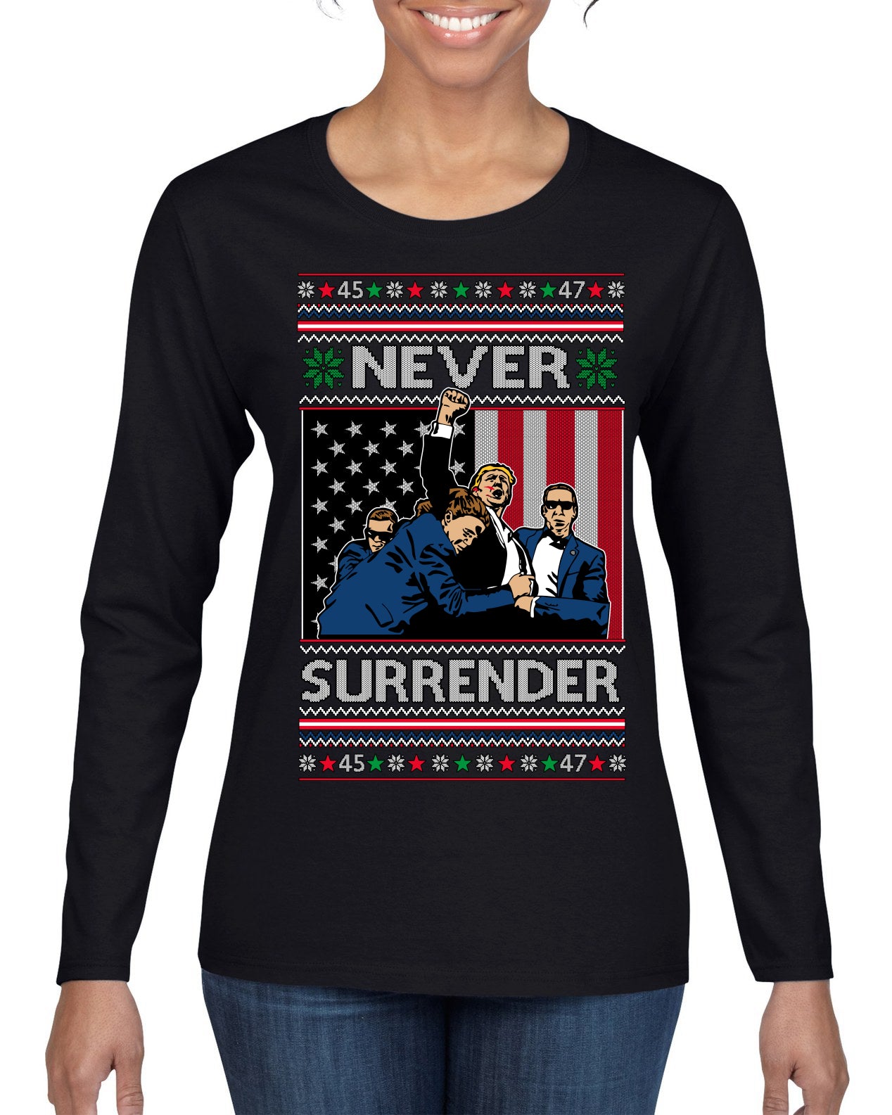 Never Surrender Pro Donald Trump Fight Fist Pump 2024 Ugly Christmas Sweater Womens Graphic Long Sleeve T-Shirt