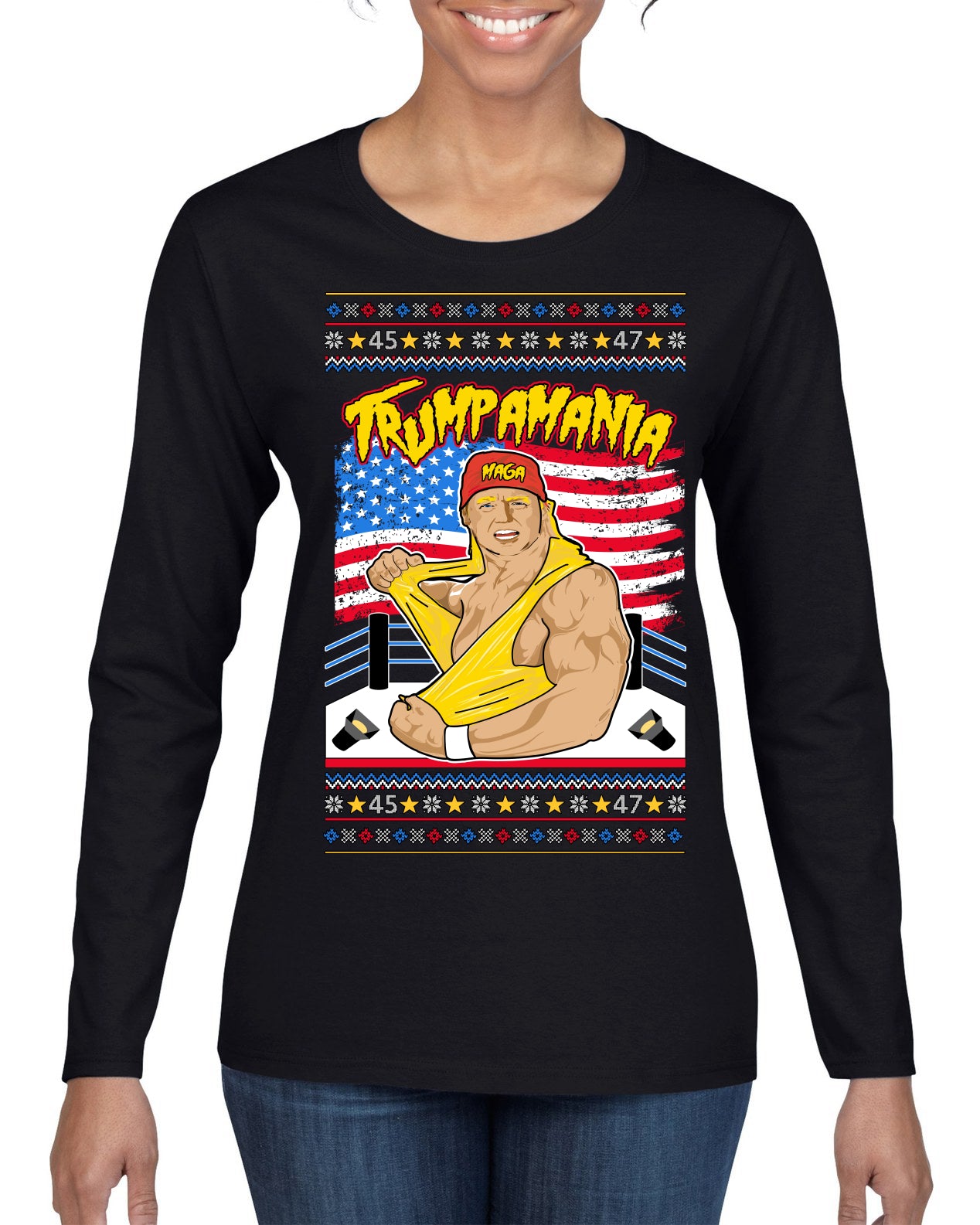 Trumpamania Funny Hogan 80s USA Wrestling Sports Parody Ugly Christmas Sweater Womens Graphic Long Sleeve T-Shirt