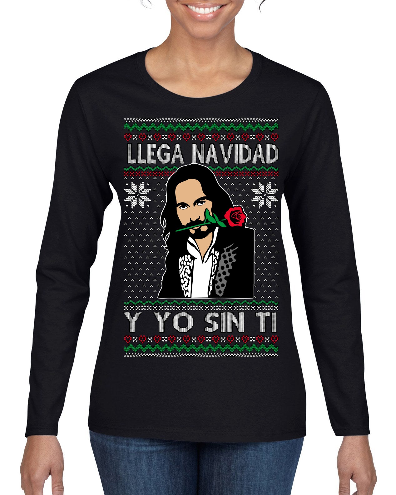 Llega Navidad Y Yo Sin Ti Christmas Is Coming Marco Ugly Christmas Sweater Womens Graphic Long Sleeve T-Shirt