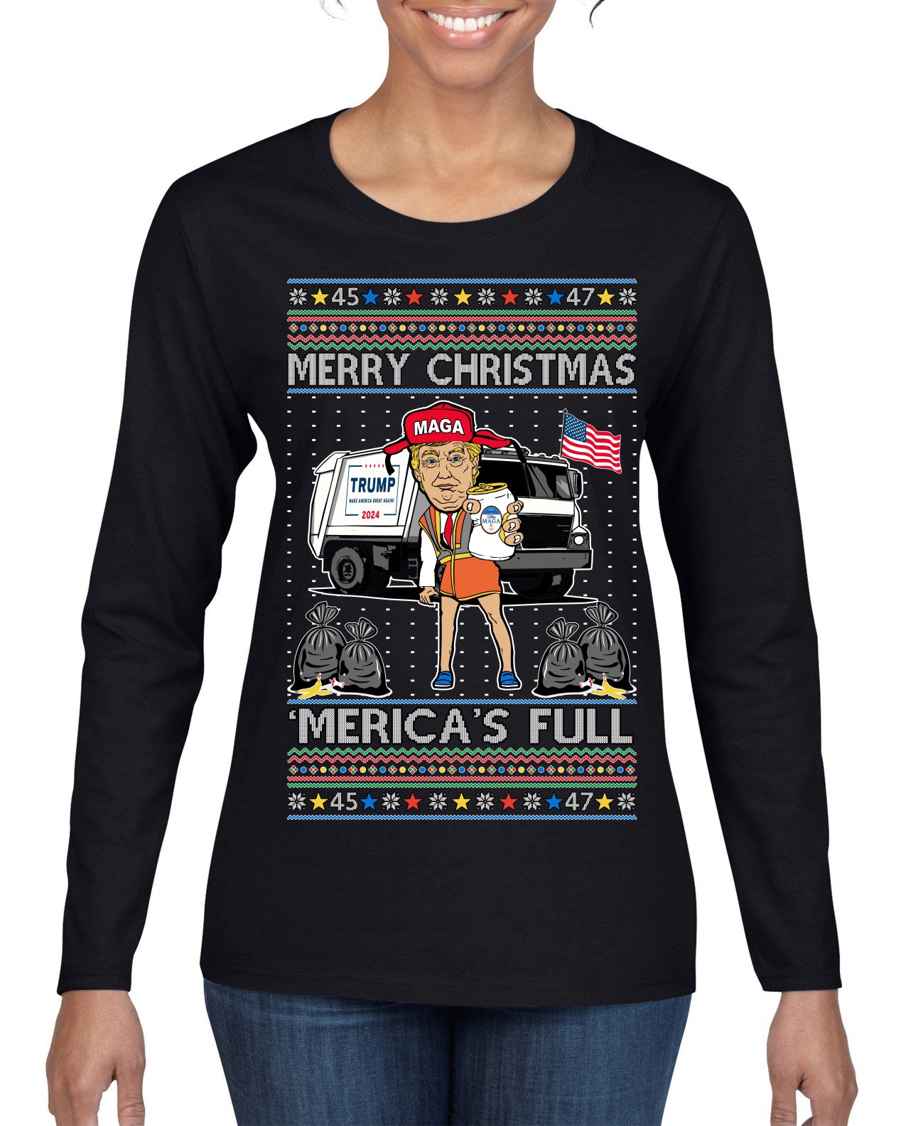 Donald Trump Merry Christmas Merica's Full Garbage Truck Ugly Christmas Sweater Womens Graphic Long Sleeve T-Shirt