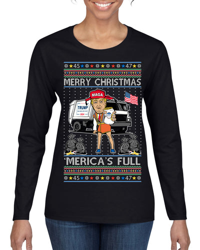 Donald Trump Merry Christmas Merica's Full Garbage Truck Ugly Christmas Sweater Womens Graphic Long Sleeve T-Shirt