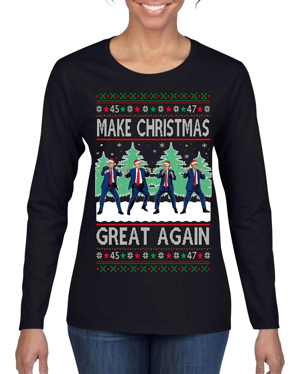 Make Christmas Great Again Shimmy Dance USA President Ugly Christmas Sweater Womens Graphic Long Sleeve T-Shirt
